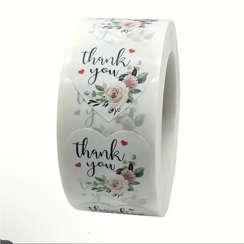 500 Heart Shaped Thank You Stickers Pink Flowers Floral Rose Roll